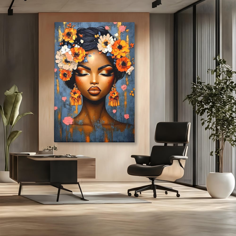 Tablou canvas cu tablou canvas cu portret de femeie si flori, fara rama, pe sasiu de lemn, pe perete intr-un birou